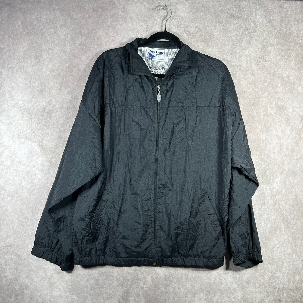 Vintage Reebok Jacket Men XL Black Windbreaker Vented Zip Outdoor Mesh Lined 90s